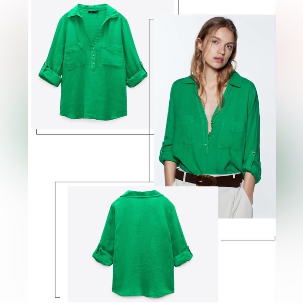 Zara Green Linen Button-Up Women's Shirt - Picture 3 of 12
